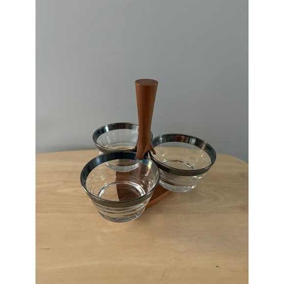 Vintage Libbey 3 Piece Glass Bowl Condiment Set w/ Wood Caddy MCM Mid Century 50 - Picture 2 of 15